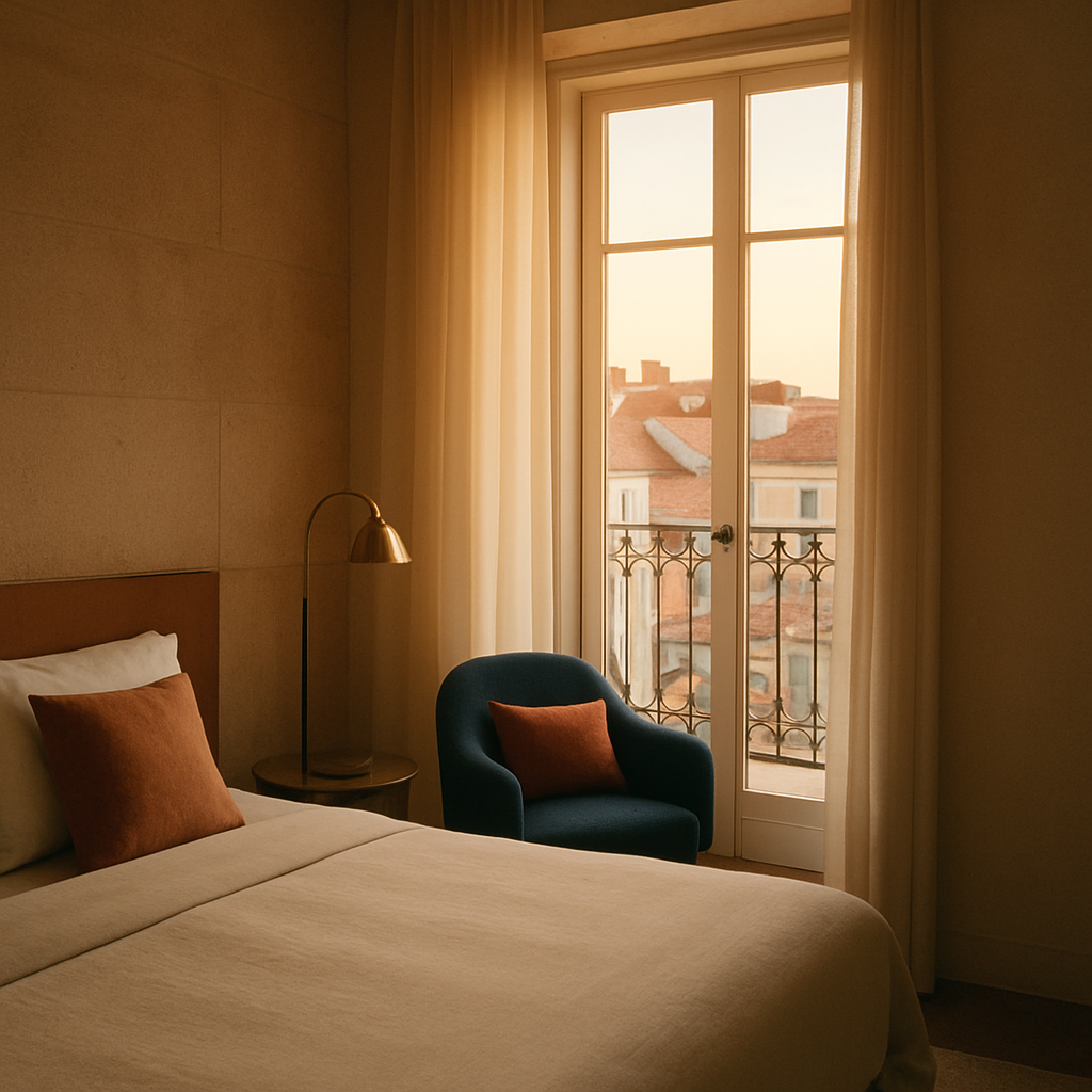 A warm, light-filled room at Hotel Lume overlooking Lisbon rooftops
