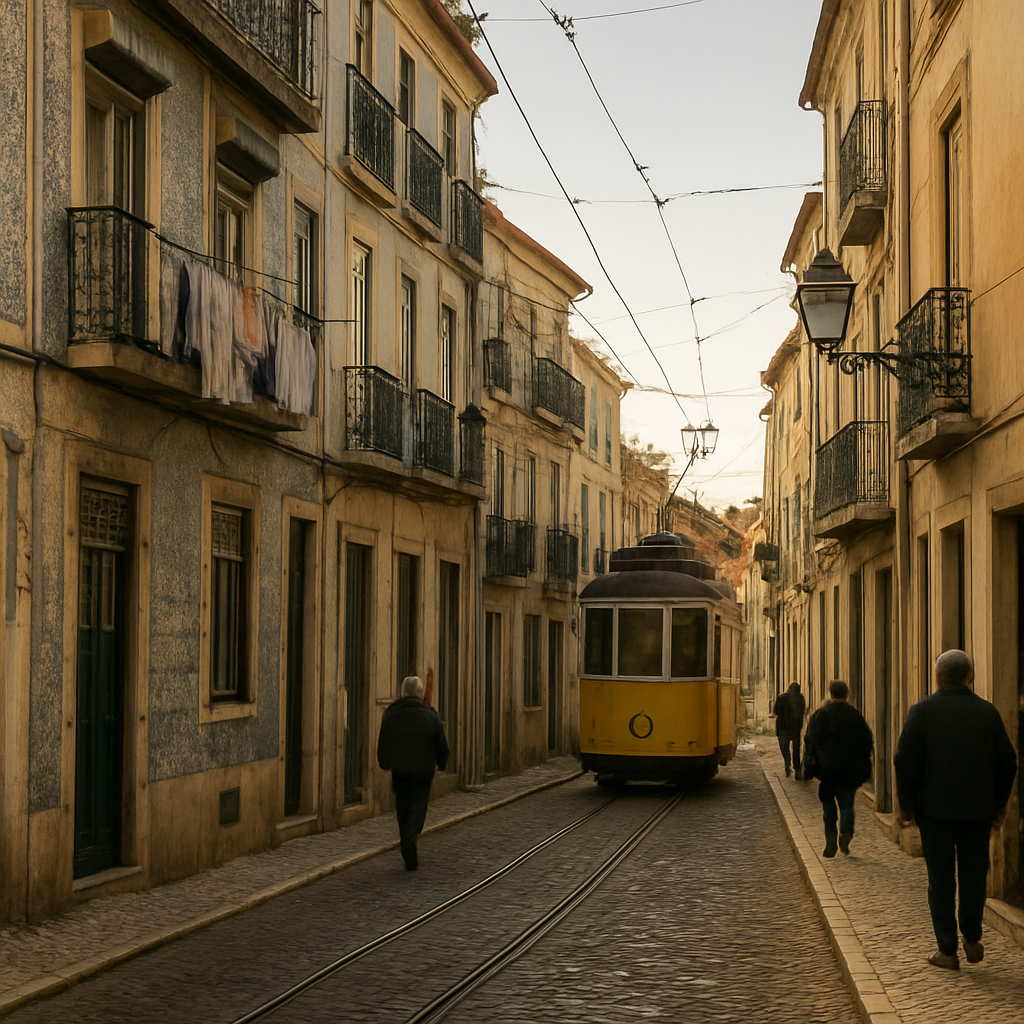 A cobblestone street in Príncipe Real with a passing tram